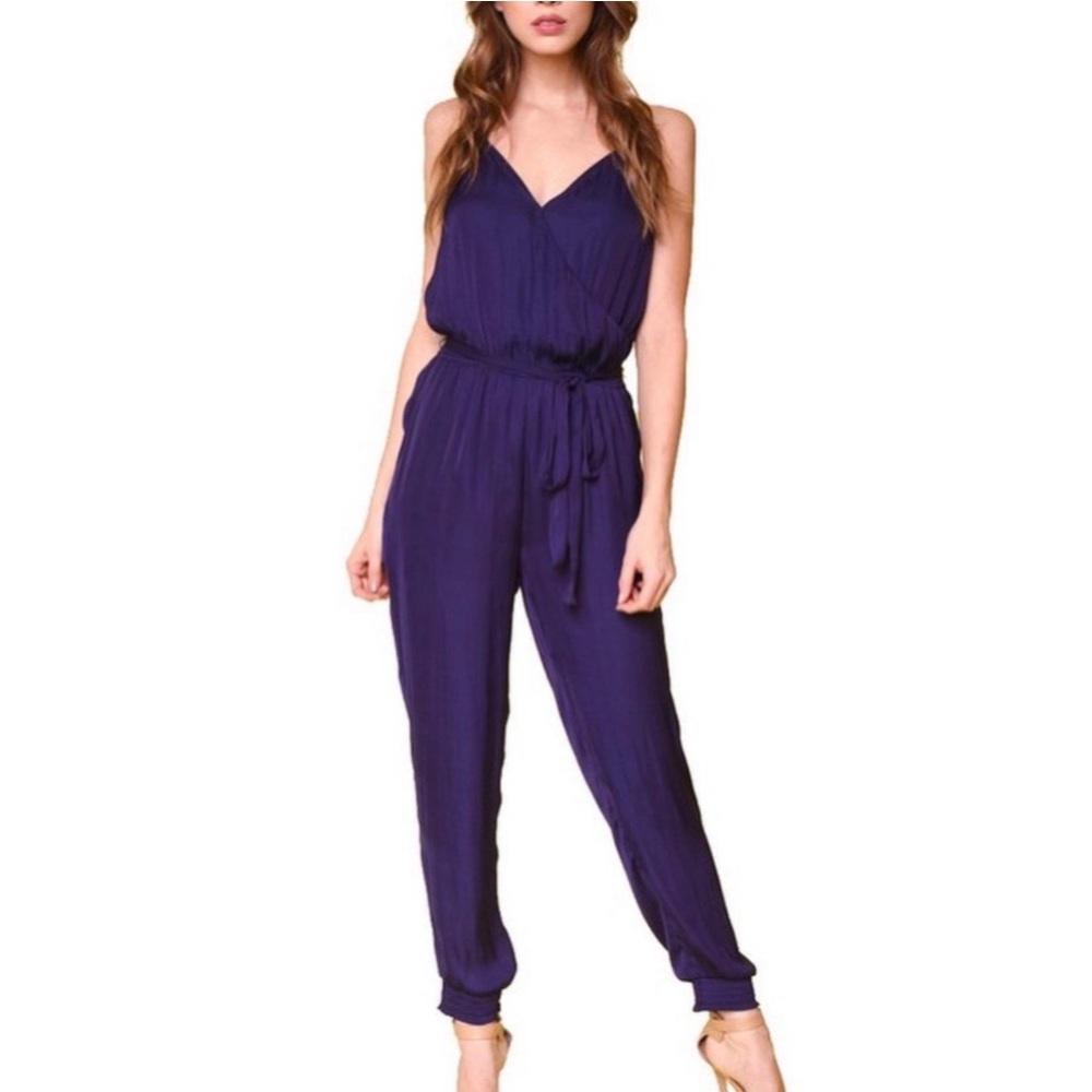 Navy Blue silk Plunge Neck Jumpsuit